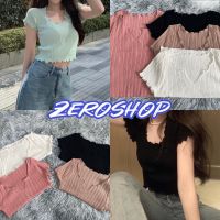 Zero shop?พร้อมส่ง? (Zero-37019)  เสื้อไหมพรมแขนสั้น คอวี ดีเทลผ้าร่องผ้าบาง ปลายหยักๆใส่สบายมาก -C