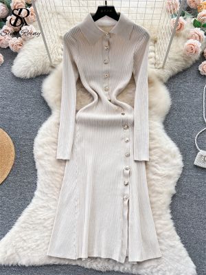 ☍♦ SINGREINY French Vintage Knitted Long Dress Turndown Collar Button Split Design 2023 Temperament Autumn Women Warm Sweater Dress