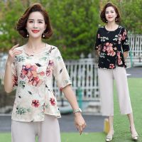 ✾ The new 2022 western style fashion T-shirt mom summer fashion middle-aged and old women render unlined upper garment printing coat two-piece