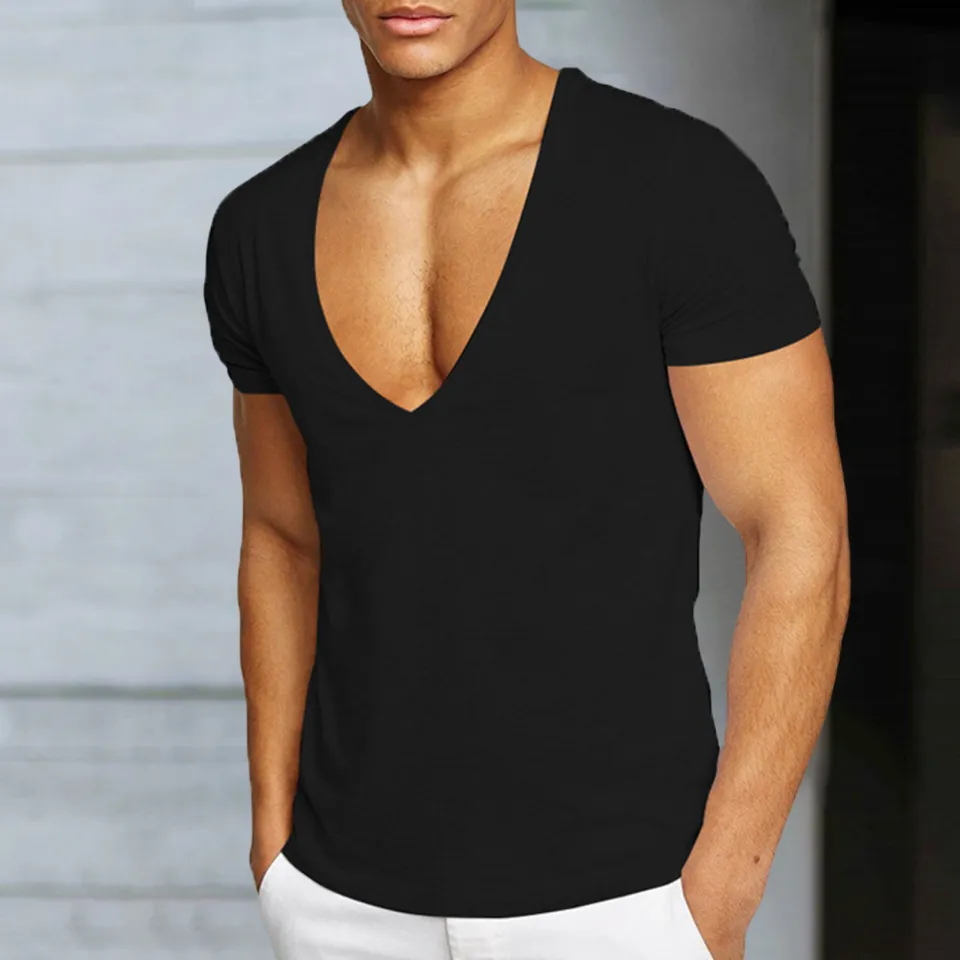 Men T-shirt Deep V Neck Solid Color Slim Fit Pullover Thin Workout