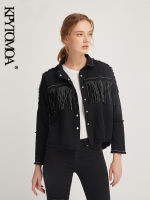 KPYTOMOA Women Fashion Tassel Beaded Oversized Denim Jacket Coat Women Vintage Long Sleeve Frayed Hem Female Outerwear Chic Tops