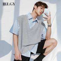 IELGY เสื้อเชิ้ตแขนสั้นลายทางสไตล์เกาหลีสำหรับผู้ชายผู้ชาย