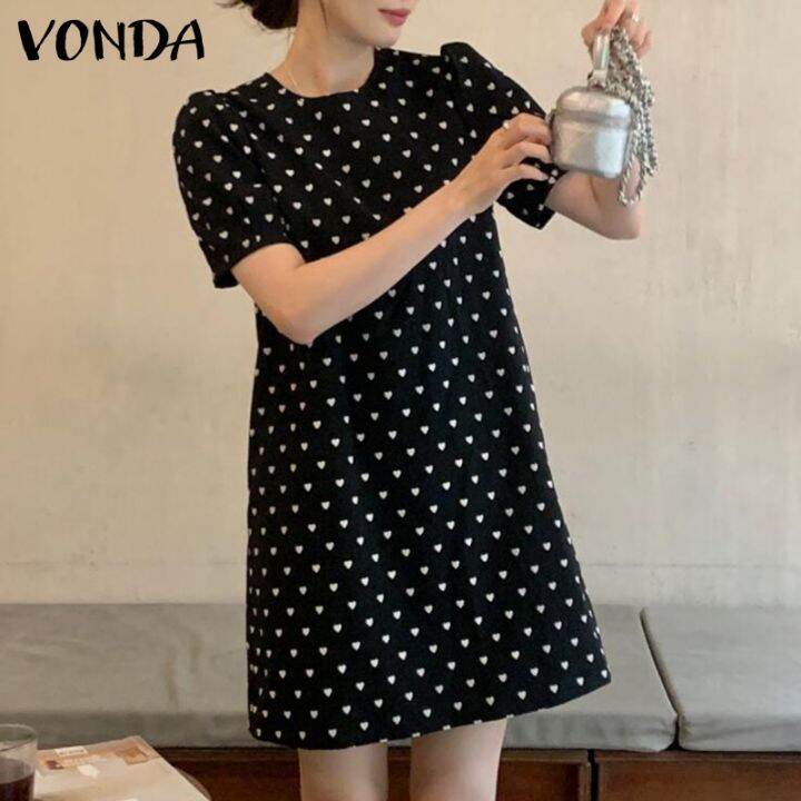 vonda-ชุดเดรสสั้น-คอกลม-แขนสั้น-แขนพัฟ-สไตล์เกาหลี-สําหรับผู้หญิง