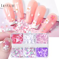 LILYCUTE 6กริดศิลปะตกแต่งเล็บแบบผสมเลื่อมเกล็ดซากุระเป็นประกายสำหรับอุปกรณ์ประดับตกแต่งเล็บการออกแบบเล็บ DIY