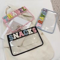 Hot Letter Patches Transparent PVC Cosmetic Bag Clutch Women Clear Travel Make up Cosmetic Bag Pouches Stuff Makeup Toiletry Bag