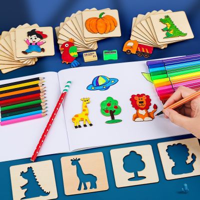 Kids Montessori Drawing Toys 20/32Pcs DIY Painting Stencils Template Wooden Craft Puzzle Toys Education Toys for Children