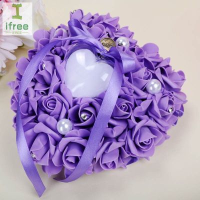 Heart-shaped Ring Pillow Rose Flowers Rhinestone Pearls Ring Bearer Pillow Cushion Wedding Favors