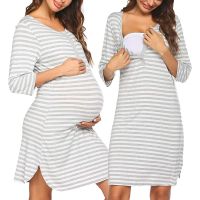 Dresses Pregnant Woman Stripe Short Sleeve Breast-Feeding Pregnancy Nightwear Clothes Nightgown Maternity Nursing Dress vestidos