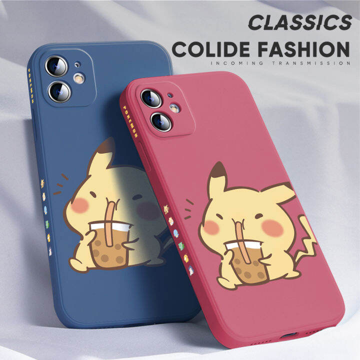 เคส-ggk-สำหรับ-realme-c30s-เคสโทรศัพท์ดีไซน์ด้านข้างการ์ตูน-pikachu-น่ารักขอบสี่เหลี่ยม-pocket-monster-ปลอกซิลิโคนของเหลวเคสกล้องคลุมทั้งหมด