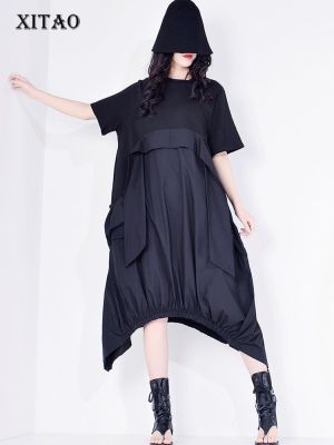 XITAO Dress Irregular Patchwork Casual Tassels Dress Short Sleeve Draped Loose T-shirt Dress