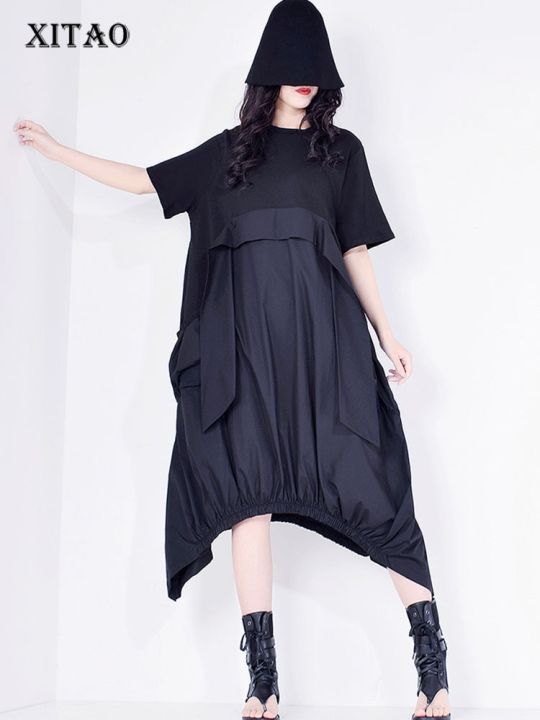 xitao-dress-irregular-patchwork-casual-tassels-dress-short-sleeve-draped-loose-t-shirt-dress