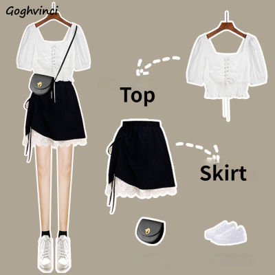 Sets Women Oversize Fashion Mini Lace Folds Empire Sweet Cool Blouse Solid Preppy Slim Streetwear College Female Two Pieces 2021