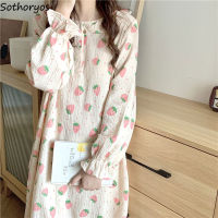 Cute Long Sleeve Nightgowns Women Sleepshirts Ruffle Tender Strawberry Print A-line Nightdress Girls Midi Autumn Sweet Sleepwear