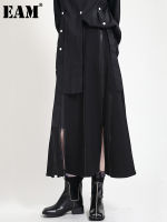 [EAM] High Elastic Waist Half-body Black Slit Solid Color Zipper Casual Skirt ashion Tide New Spring Autumn 2022 1DD6662