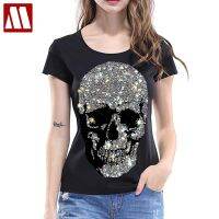 卐  Beautiful Skulls T-shirt Women 2023 Summer Short Sleeve Tops Lady Fashion Streetwear Slim Cotton Tshirts Rhinestone Size S-5XL