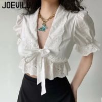 JOEVILU Palace Style White Shirt Sexy Bandage Puff Sleeve Embroidered Lace Top Womens Korean Fashion Crop Tops Victorian Blouse