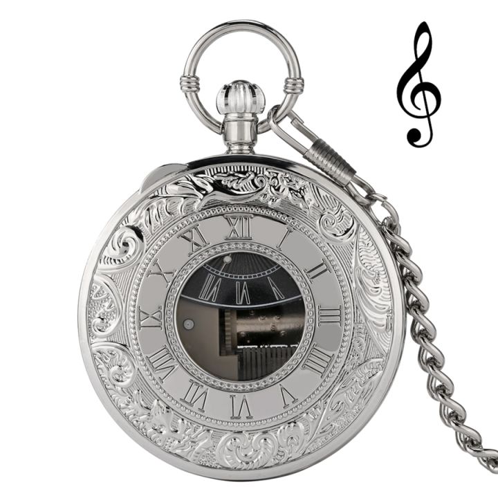 ห่วงโซ่ร้อยเหรียญทำจากมือหมุนควอตซ์นาฬิกาพกการเคลื่อนที่เสียงเพลงเงินหรูหราสุขสันต์วันปีใหม่ของขวัญ
