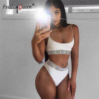 Sparkle Crystal Rhinestone Bikini Spaghetti Strap Backless Crop Tops High Waist Women Swimwear Slim Beach 2 Piece Swimsuit