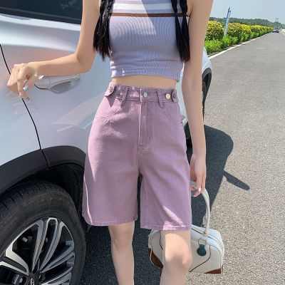 ZEONVA Purple Pink Korea Fashion Chic Straight Loose Women Jeans Shorts Summer High Waist Pockets Female Wide Leg Denim Shorts