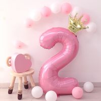 【hot】✙▥  Folha Número Balão com Coroa de Aniversário Baby Shower Decoração do Casamento 32  Pastel Azul e Rosa 1 2 3 4 5 6 7