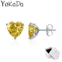 YOKADA ต่างหูเงินรูปหัวใจสำหรับผู้หญิง Yellow Zircon Love Earring Fashion Jewelry