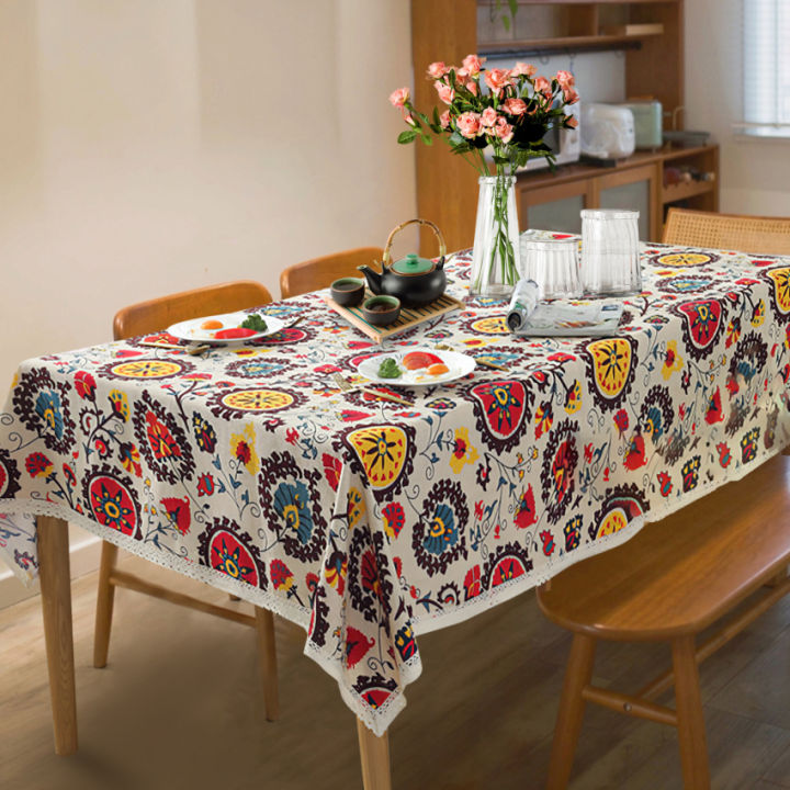 ผ้าปูโต๊ะลายดอกทานตะวันลูกไม้วินเทจผ้าลินินปักสี่เหลี่ยมผืนผ้าผ้าโต๊ะลายปิคนิคทานอาหารเย็นซักได้