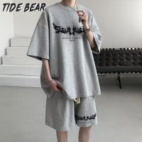 TIDE BEAR เสื้อแขนสั้นสำหรับผู้ชาย,เสื้อแขนสั้นพิมพ์ลายชุดกางเกงขาสั้นมีสไตล์