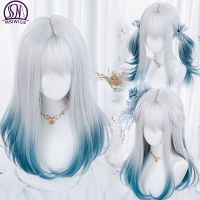 MSIWIGS Women Synthetic Lolita Wig Long Straight Ombre Two Tone Silver Grey Blue Hair For Cosplay With Bangs