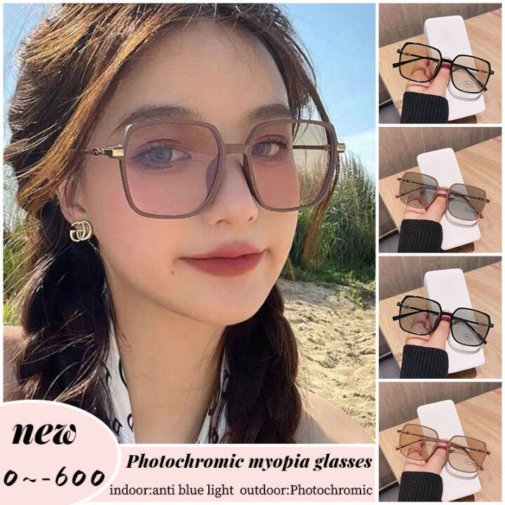 0-600-2022ใหม่แว่นตา-photochromic-สำหรับผู้หญิงแฟชั่นเปลี่ยนสีเลนส์สายตาสั้นแว่นตาป้องกันแสงสีฟ้าแว่นตาสายตาสั้นองศาย้อนยุคกรอบขนาดใหญ่สายตาสั้นแว่นตาสำหรับผู้หญิง