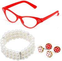 PESENAR 1950S สไตล์วินเทจผู้หญิง Bachelor Party Palka Dots Hairband แว่นตาต่างหูสร้อยข้อมือมุก7ชิ้น Set