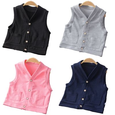 （Good baby store） Children  39;s Waffle Vest 2022 Spring and Autumn Korean  V-neck Knitted Waistcoat Baby Cardigan Vest Children  39;s Clothing