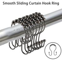 ☊■ 12Pcs/set Shower Curtain Hook Dual Hooks Curtain Hanging Ring Stainless Steel Roller Ball Curtain Hook Ring Bathroom Supply