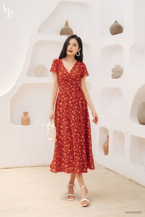 Váy Tana Dress hoa nhí đỏ cam chất liệu tơ tay ngắn 1VA02300DO Lep ...