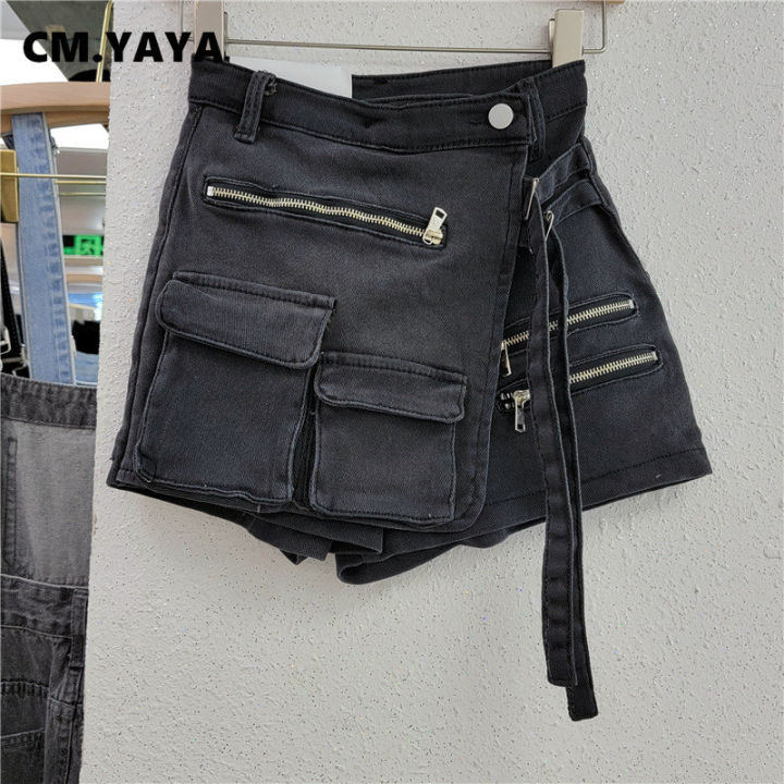 ซีเอ็ม-ผู้หญิงแฟชั่น-wrap-a-line-ซิป-splicing-multi-pocket-denim-กระโปรงกางเกงขาสั้น2023ฤดูร้อน-ins-cargo-safari-สไตล์-กางเกงยีนส์ขาสั้น