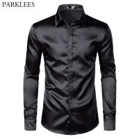 【Hot Sale】embellishเสื้อซาตินสีดำผู้ชาย2022 SilkMen Tuxedo เสื้อ SlimWedding Party PromShirt Chemise Homme