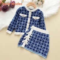 Bear Leader Girls Long Sleeve Kids Sweaters Plaid Kids Wear Knitted Cardigan and Skirt Clothing Suit for Children Baby Girl Sets