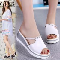 Summer Women Flip Flops Platform Sandals Shoes Ladies White Middle Heel Peep Toe Slides Sandals Hollow Out Shoes Slides Women