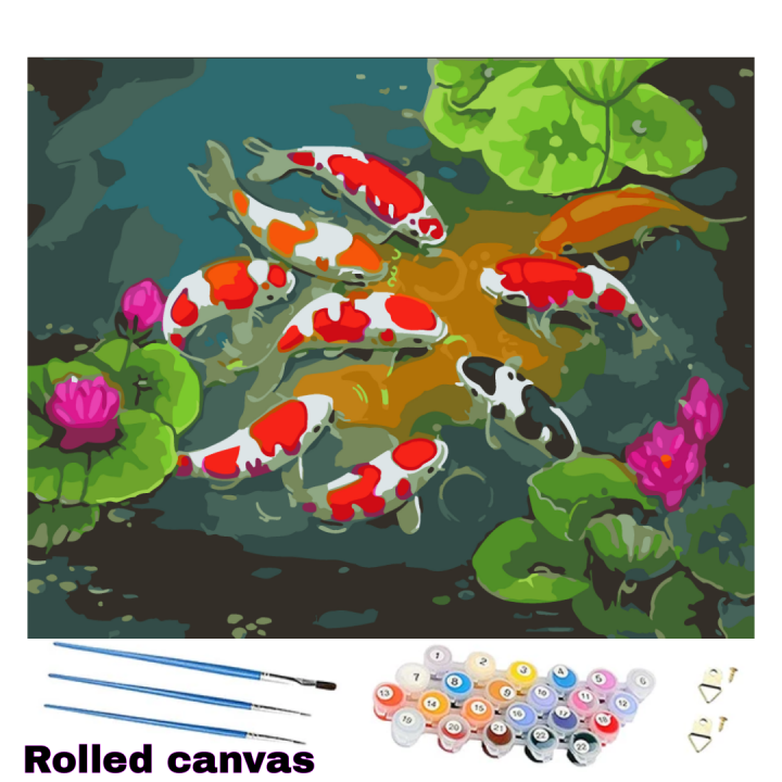 DIY Paint By Numbers Koi Fish Pond Hobbyist Kit Painting 40x50cm