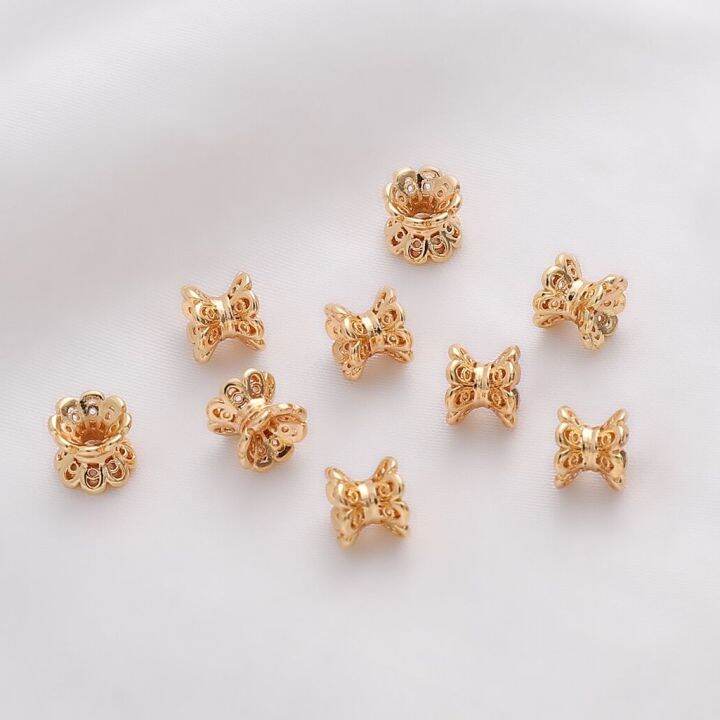 5ชิ้น14k-สีทองทองเหลืองคู่ดอกไม้หมวกหมวก-spacer-ลูกปัดคุณภาพสูงสำหรับอุปกรณ์เครื่องประดับทำสร้อยคอมือ