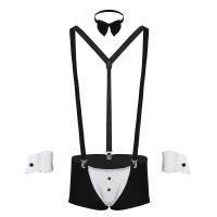 4Pcs Mens Lingerie Groom Costume Outfit Tuxedo Set Boxer Underwear with Suspender Shoulder Straps Bow Tie Collar and Bracelets