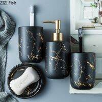 ☌☼ Ceramic imitation marble Bathroom Accessory Set Washing Tools Bottle Mouthwash Cup Soap Toothbrush Holder Household Articles