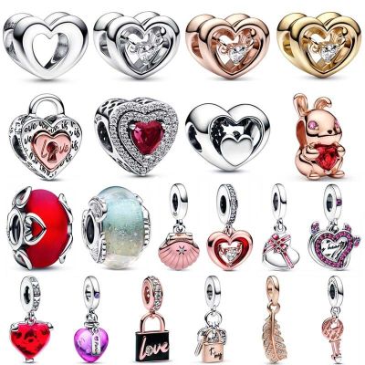Sparkling Levelled Devil Heart Love Key Padlock Feather Glass Beads 925 Sterling Silver Charm Fit Fashion Bracelet Diy Jewelry
