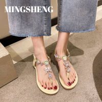 mingsheng ร องเท้าแตะสไตล์เกาหลีแบบใหม่พลอยเทียมแบบเรียบง่ายรองเท้าแตะสไตล์นางฟ้ารองเท้าส้นเตี้ยข้ามพรมแดนการค้าต่างประเทศรองเท้าผู้ห