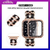 VUAERANG สายหนังสแตนเลสสตีลแฟชั่น + เคสสำหรับ Apple Watch 49มม. 45มม. 41มม. 44มม. 40มม. 42มม. 38มม. เคสเพชรพร้อมสายรัดข้อมือเข้ากันได้กับ I Watch Series Ultra/8/7 /Se/ อุปกรณ์เสริม6/5/4/3/2/1