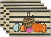 【CC】☇﹍  Placemats Set of 4 Colorful Pumpkin Placemat with Leopard Print Stripes Pumpkins Tablemats