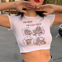 Pusheen 90S 2000S เสื้อครอปฮิปปี้ผู้หญิงน่ารักกราฟิก