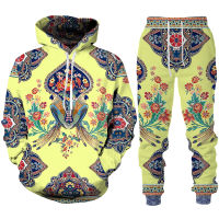 Womens Floral Printed HoodiePantsSuit Vintage Style Pullover Sweatshirt Trousers 2 Piece Set FemaleMale Sportswear Tracksuit