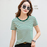 เสื้อยืดคอกลมแขนสั้นผู้หญิง Casual Stripe Tee Crew Neck Tops 93% Cotton