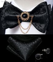 ❉ Black Floral Solid Self Tie Bow Tie Men Fashion Butterfly Silk Formal Business Wedding Party Bowtie Handkerchief Set DiBanGu