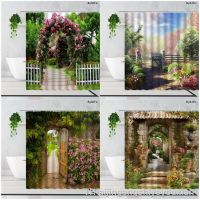 【hot】❈  Garden Landscape Shower Curtains Flowers Fence European Fabric Print Curtain With Hooks
